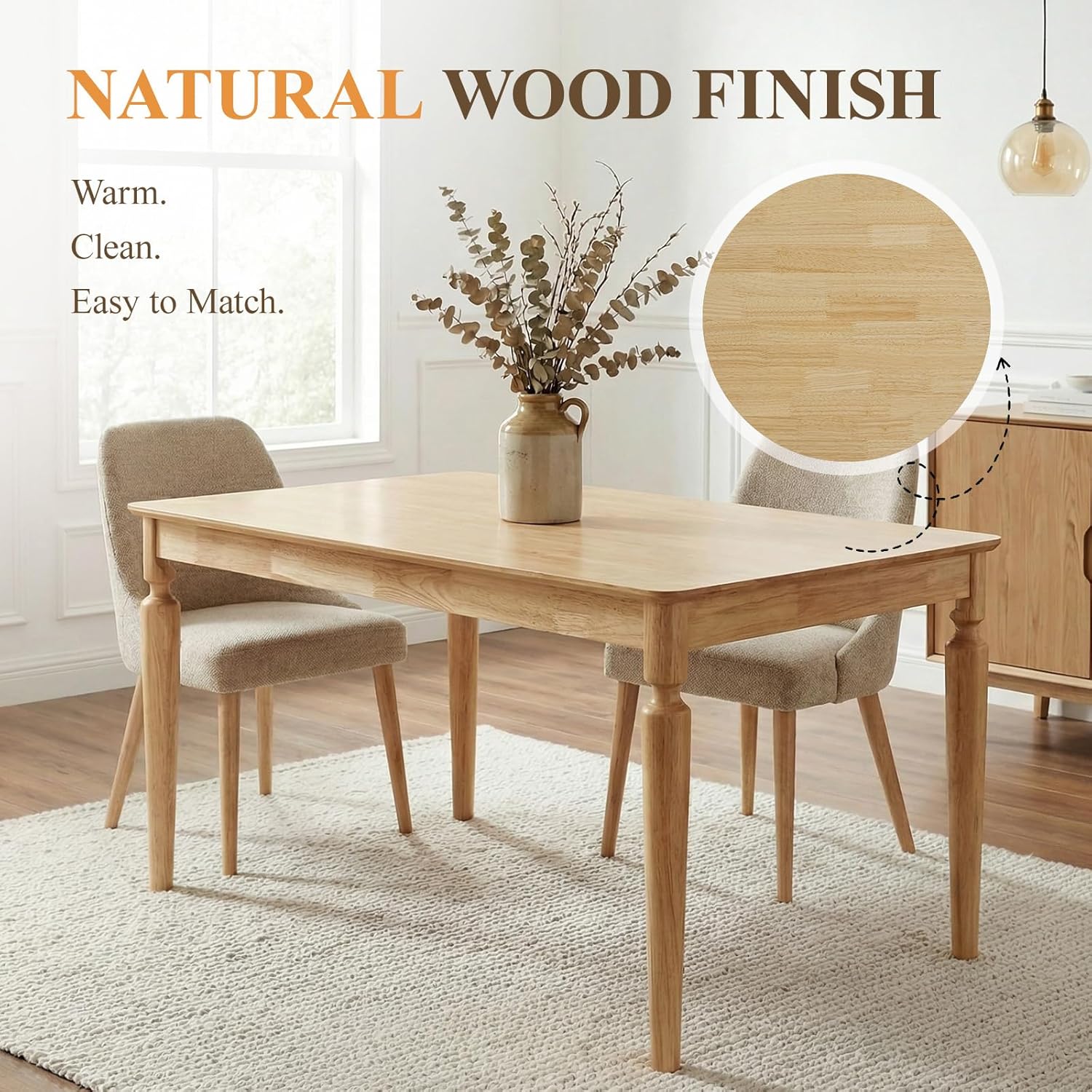 chairus 59" Solid Wood Dining Table for 4-6 People, Farmhouse Kitchen Table with Turned Legs, Sturdy Rectangular Wooden Dining Room Table for Kitchen, Dining Room & Family Gatherings, Natural Finish