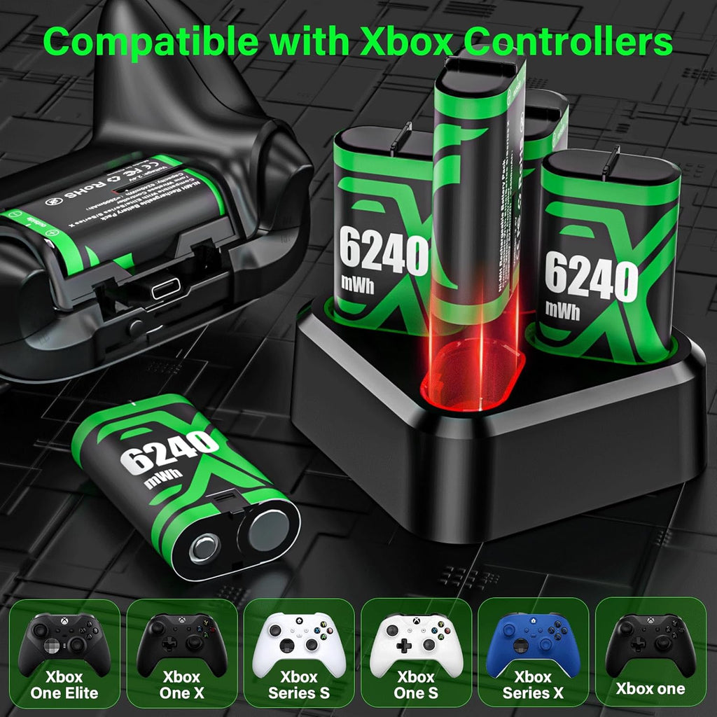 Rechargeable Xbox Controller Battery Pack for Xbox one/Xbox One S/Xbox X/Xbox Elite/Xbox Series X|S, 4x6240mWh Batteries Pack for Xbox Accessories Kits, Xbox 360 Console