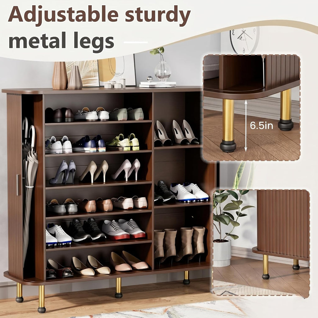 YOLENY 6-Tier 47'' Shoe Cabinet with Sliding Door, Wooden Shoe Storage Cabinet with Adjustable Shelves, Mid-Century Modern Freestanding Shoe Storage Organizer Walnut