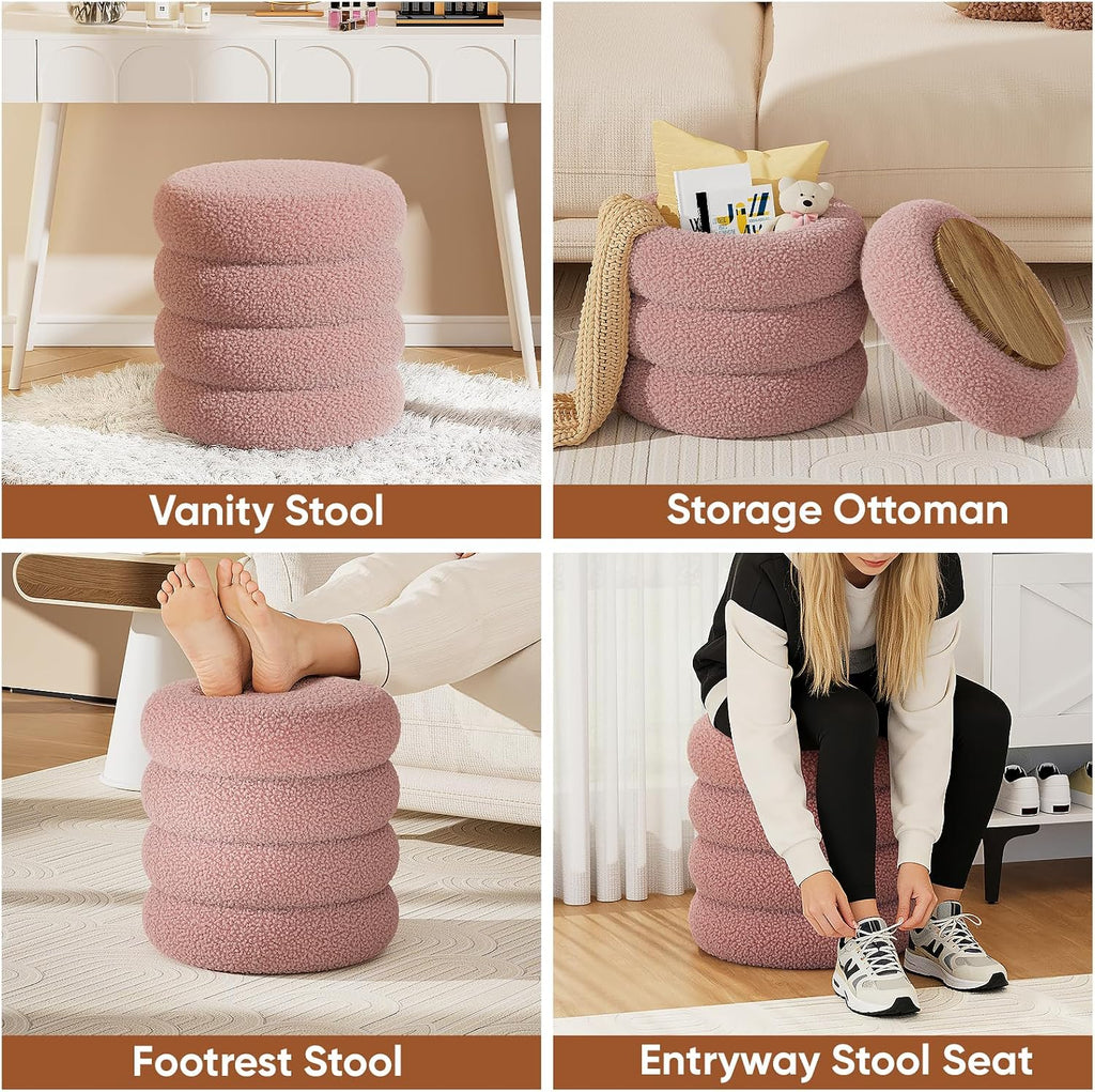 Soft Teddy Round Ottoman with Tray, 17.5 Inches Ottoman Coffee Table with Storage for Living Room, Vanity Stool with Storage Bedroom, Load up to 300 lb, No Assembly Required (Dusty Pink)