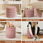 Soft Teddy Round Ottoman with Tray, 17.5 Inches Ottoman Coffee Table with Storage for Living Room, Vanity Stool with Storage Bedroom, Load up to 300 lb, No Assembly Required (Dusty Pink)