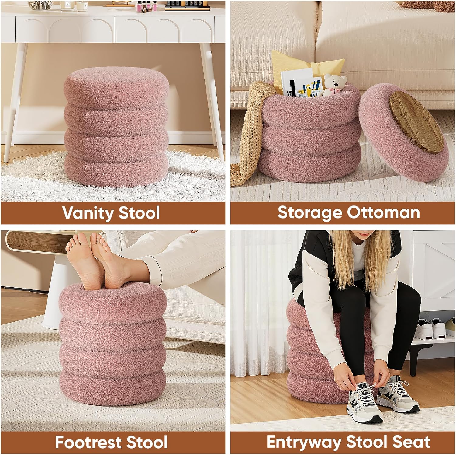 Soft Teddy Round Ottoman with Tray, 17.5 Inches Ottoman Coffee Table with Storage for Living Room, Vanity Stool with Storage Bedroom, Load up to 300 lb, No Assembly Required (Dusty Pink)