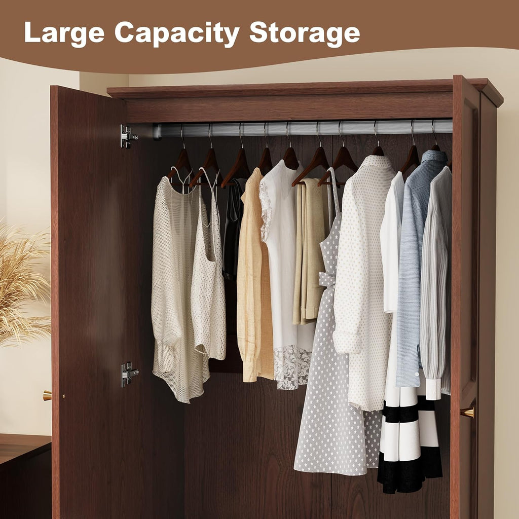 HLR 71" Mid-Century Modern Armoire Wardrobe Closet with Doors and Drawers,Wooden Armoire Storage Cabinet with Hanging Rod for Bedroom,Large Capacity Storage,Brown