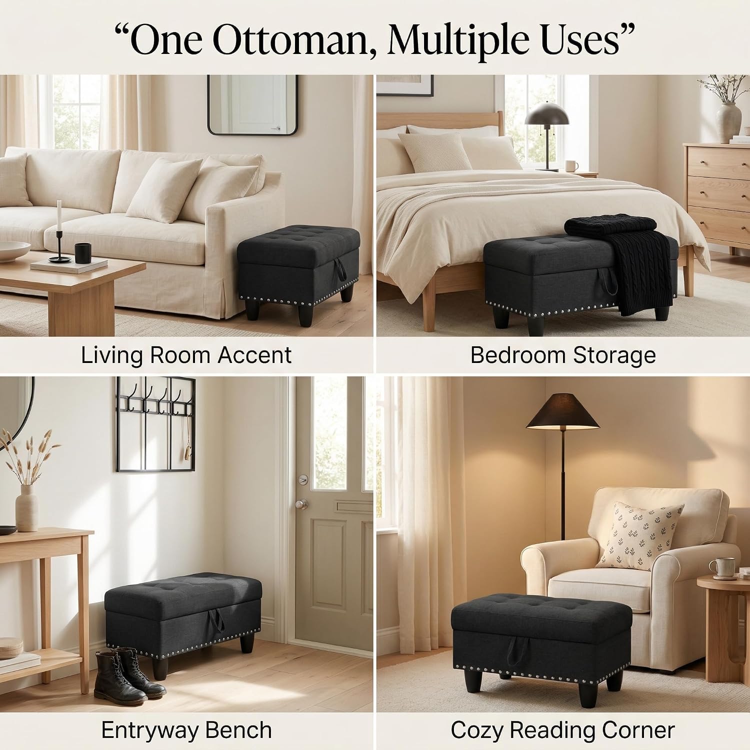 28.5 Inch Storage Ottoman Bench, Upholstered Ottoman with Hidden Storagefor Bedroom Living Room, End of Bed Foot Rest Stool, Charcoal Gray