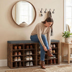 Shoe Rack Bench, Shoe Storage Bench with Cushion, Shoe Organizer 16 Cubbies for Entryway Hallway Bedroom Living Room, Holds Up to 400lbs