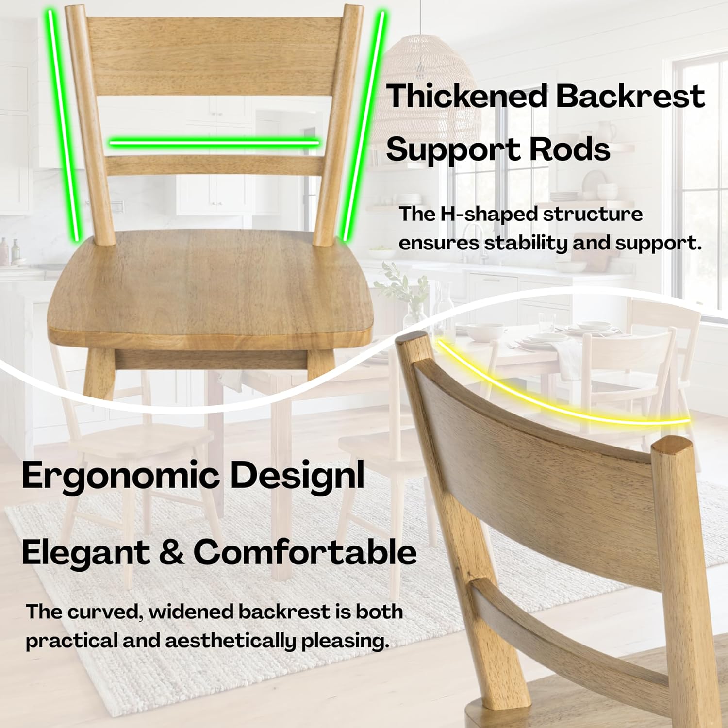 CIMOTA Oak Dining Chairs Set of 4, Farmhouse Wood Dining Chairs Ladder Back Kitchen Chairs, Windsor Dining Chairs for Kitchen and Dining Room, Oak