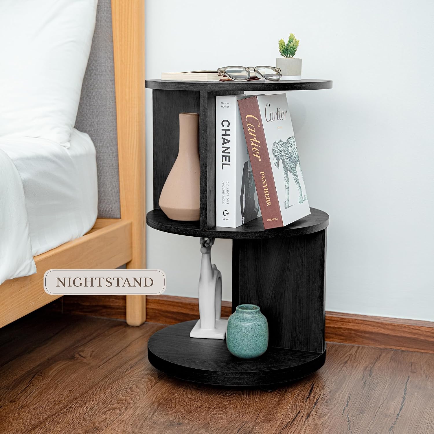 KAYMILY Round End Tables, Mid Century Modern 3 Tier Side Table for Living Room, Bedroom, Office, 25" Tall Accent Nightstand with Open Storage Shelves, Easy Assembly, MDF Wood - Rotating - Black