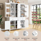 roomfitters 74.8" Kitchen Pantry Organizers and Storage Kitchen Cabinet, Storage Hutch with Door Spice Racks, 3 Drawers, White