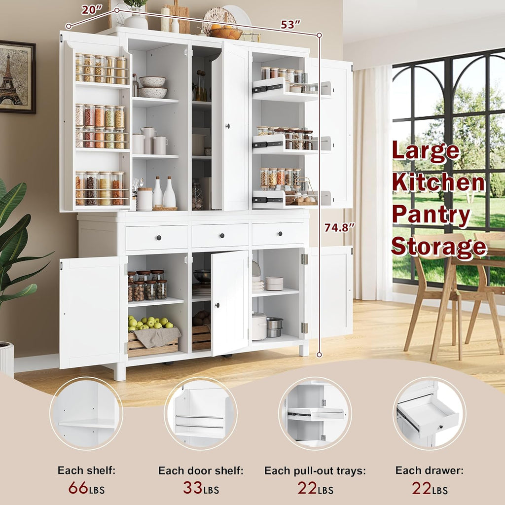 Freestanding Pantry Storage Cabinet with Adjustable Shelves, High Cupboard Cabinet with Door Shelves, Pull-Out Trays and Drawers for Kitchen, Dining Room, Living Room (White)