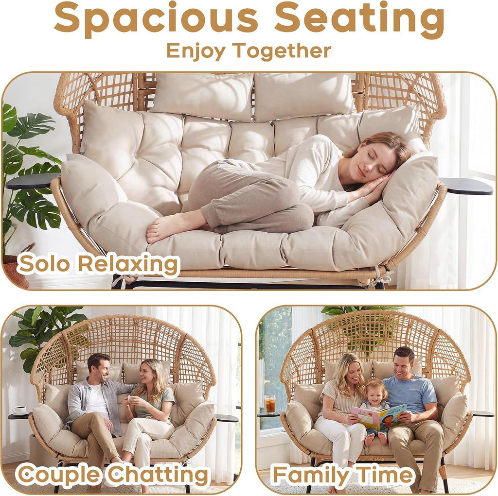 Double Egg Chair Outdoor Indoor 2 Person Wicker Egg Lounge Chair with Foldable Cup Holder Cushion Rain Cover Patio Oversized Loveseat for Balcony Porch Backyard