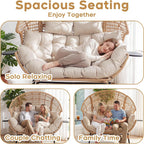Double Egg Chair Outdoor Indoor 2 Person Wicker Egg Lounge Chair with Foldable Cup Holder Cushion Rain Cover Patio Oversized Loveseat for Balcony Porch Backyard