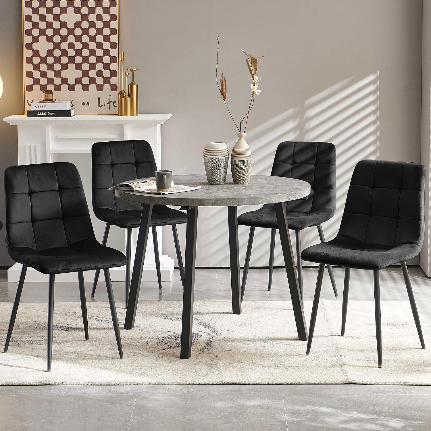 Homedot 5-Piece Round Dining Table Set for 4, 37-Inch Gray Kitchen Table with 4 Seated Black Dining Chairs Set for Apartment/Dining Hall, Compact Breakfast Nook Table Set