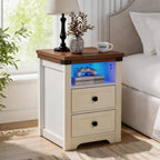 Farmhouse Night Stand with LED Lights,Charging Station, End Table with 2 Drawers & Open Shelf, Modern Bedside Table with USB Ports & Outlets, Side Table Wood for Bedroom Living Room, White