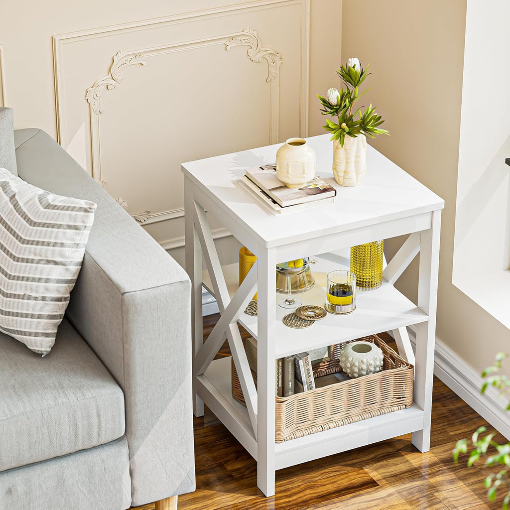 SEJOV Side Table for Living Room, White End Table with 3-Tier Storage Shelves X-Design Night Stand for Small Spaces Farmhouse Wooden Nightstand for Bedroom Bed Side Office