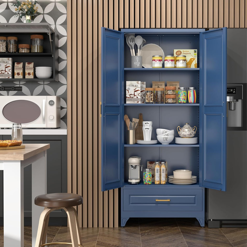 SteeLoong 75" Kitchen Pantry Cabinet with Drawer, Metal Storage Cabinets with Doors and 4 Adjustable Shelves,Blue Kitchen Cabinet with 2 Gold Handles,Food Cupboard for Livingroom,Pantry, Bathroom