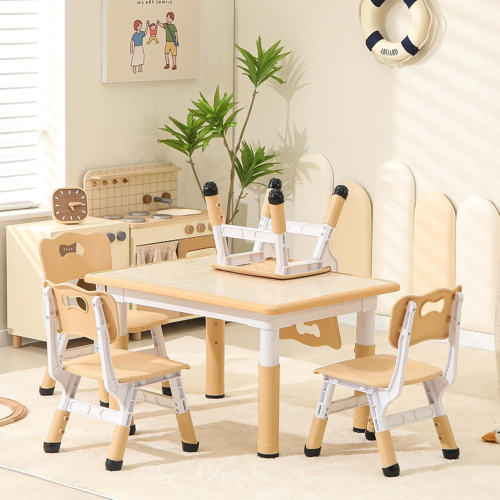 Height-Adjustable Kids Table and Chairs, 31.5''L x 23.6''W Toddler Table and 4 Chairs Set with Anti-Slip Foot Covers, Children Activity Table for Ages 2-10, Graffiti Desktop