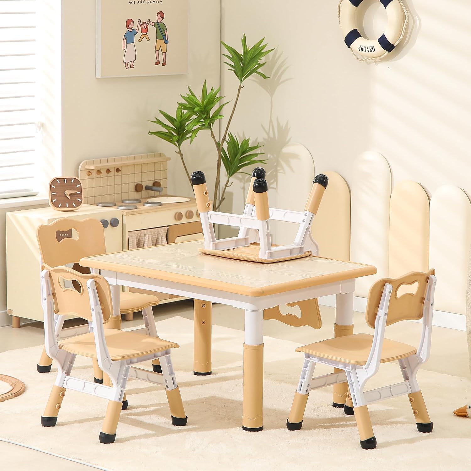 Height-Adjustable Kids Table and Chairs, 31.5''L x 23.6''W Toddler Table and 4 Chairs Set with Anti-Slip Foot Covers, Children Activity Table for Ages 2-10, Graffiti Desktop
