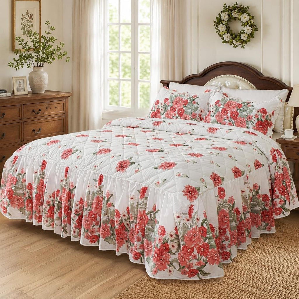 100% Cotton Ruffled Bed Skirt with 21 Inch Drop, Dust Ruffle for Twin XL, Full, Queen and King Size Beds, Wrinkle Free Floral Bed Skirt, Elegant Bedspread Set with Pillow Sham