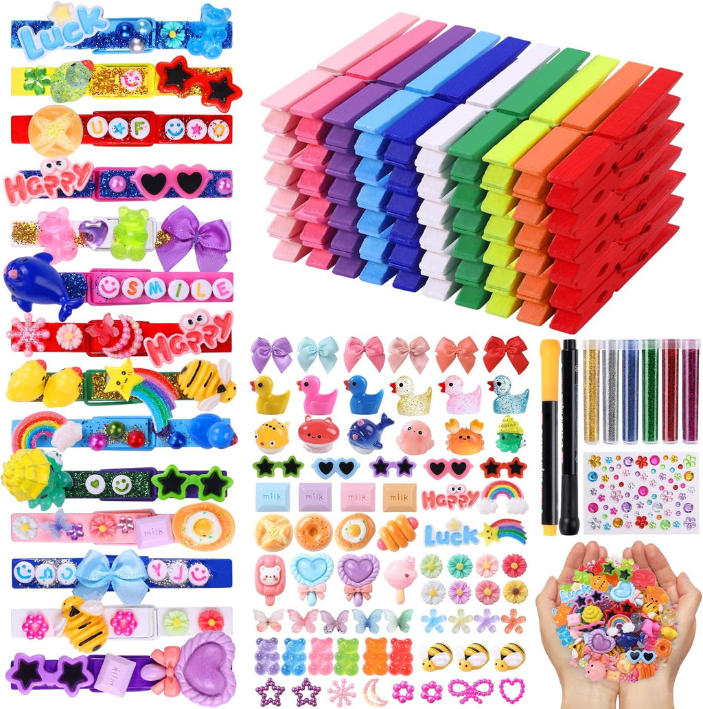 JOICEE 80PCS Cheer Pins Spirit Clips,80 Colored Wooden Clothes Pins 126 Mini Resin Animals Bows Daisy and Stickers Pen 300 Beads Pearls for Backpacks Ribbon Team Classroom Cheer Gifts Bulk