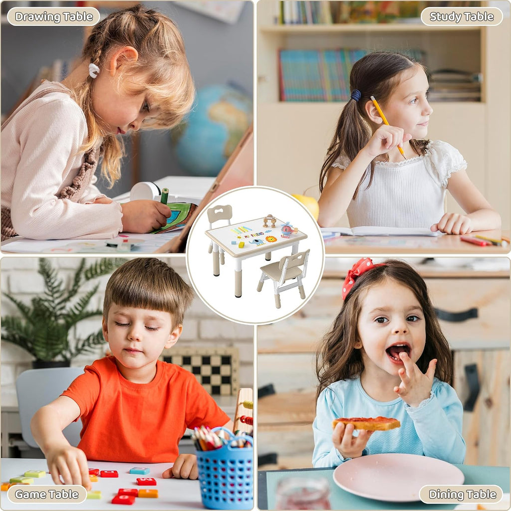 DOREROOM Kids Table and 2 Chairs Set, Height-Adjustable Toddler Table and Chair Set with Graffiti Desktop, 31.5''L x 23.6''W Children Activity Table for Daycare, Classroom, Home