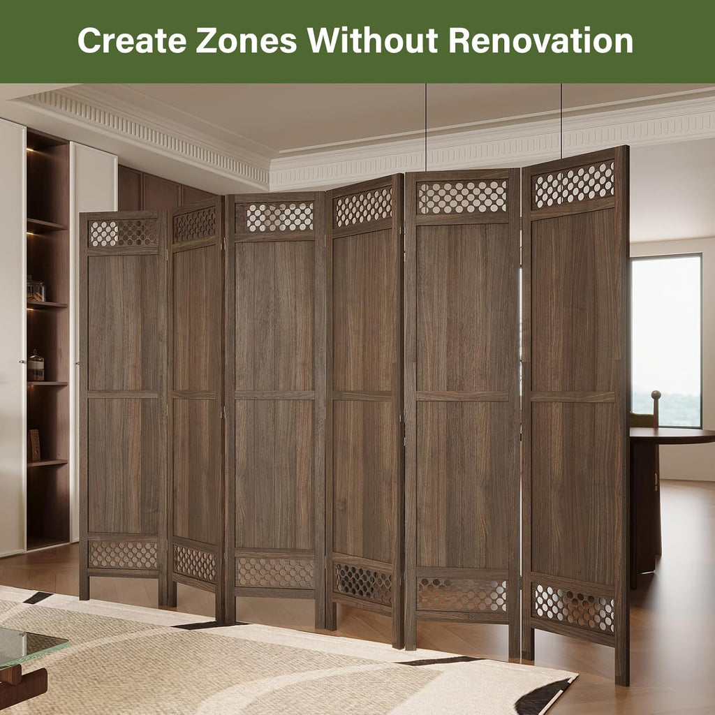 Privacy Screen Room Divider Panel - 67 Inch Tall Natural Wood Folding Partition Room Dividers, No-Assembly Required, Enhance Privacy and Aesthetic Appeal, Ideal for Home or Office Brown 6 Panel