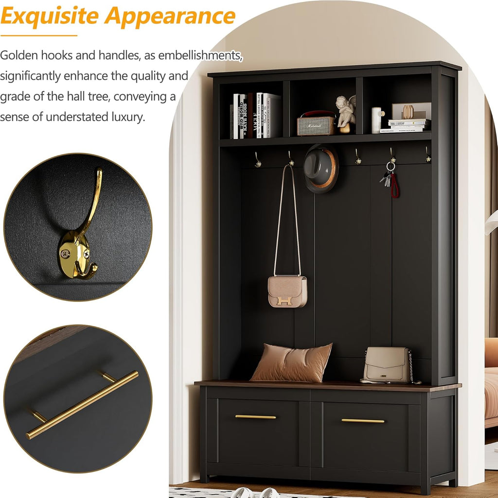Merax 4-in-1 Hall Tree with Bench, Modern Versatile Multiple Storage Space with 6 Golden Hooks, 2 Drawers, Entryway Coat Rack for Living Room, Hallway, Black