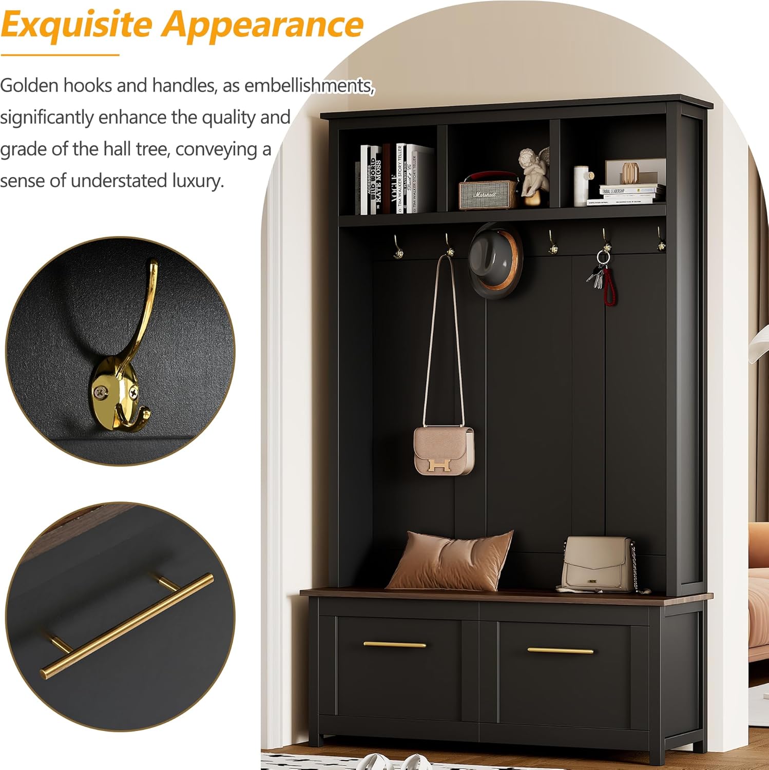 Merax 4-in-1 Hall Tree with Bench, Modern Versatile Multiple Storage Space with 6 Golden Hooks, 2 Drawers, Entryway Coat Rack for Living Room, Hallway, Black