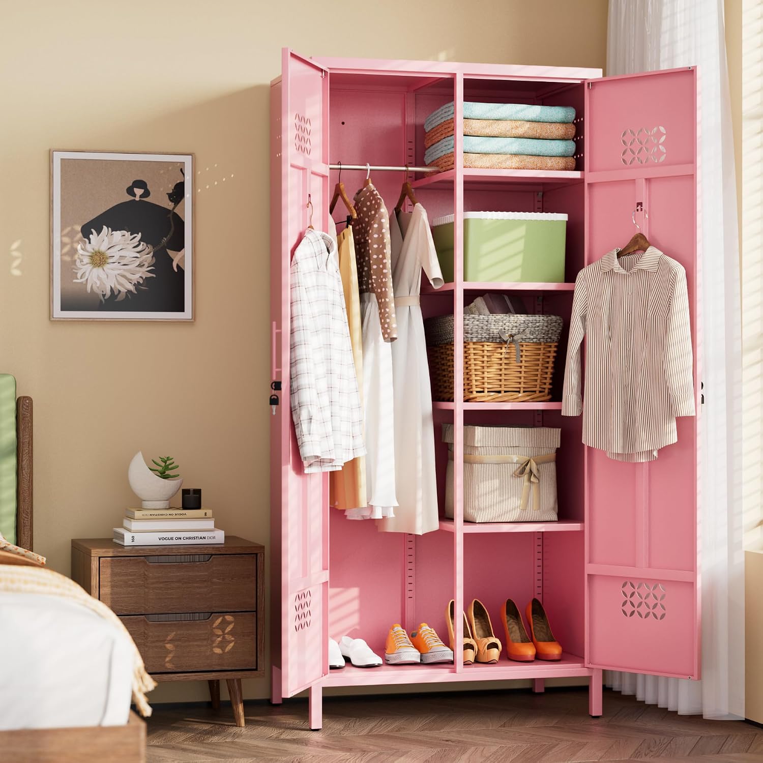 METAN Pink Metal Wardrobe Cabinet with Lock, 20-Inch Deep, 2 Doors | 71"H x 33.5"W x 19.7"D pink steel wardrobe with 2 rods, 4 adjustable shelves, lock, vents; assembly required.