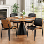 REONEY Dining Chairs Set of 2, Mid-Century Modern Upholstered PU Leather Chairs with Walnut Back and Metal Legs Adjustable Feet for Kitchen Dining Room, Black Diamond Plaid