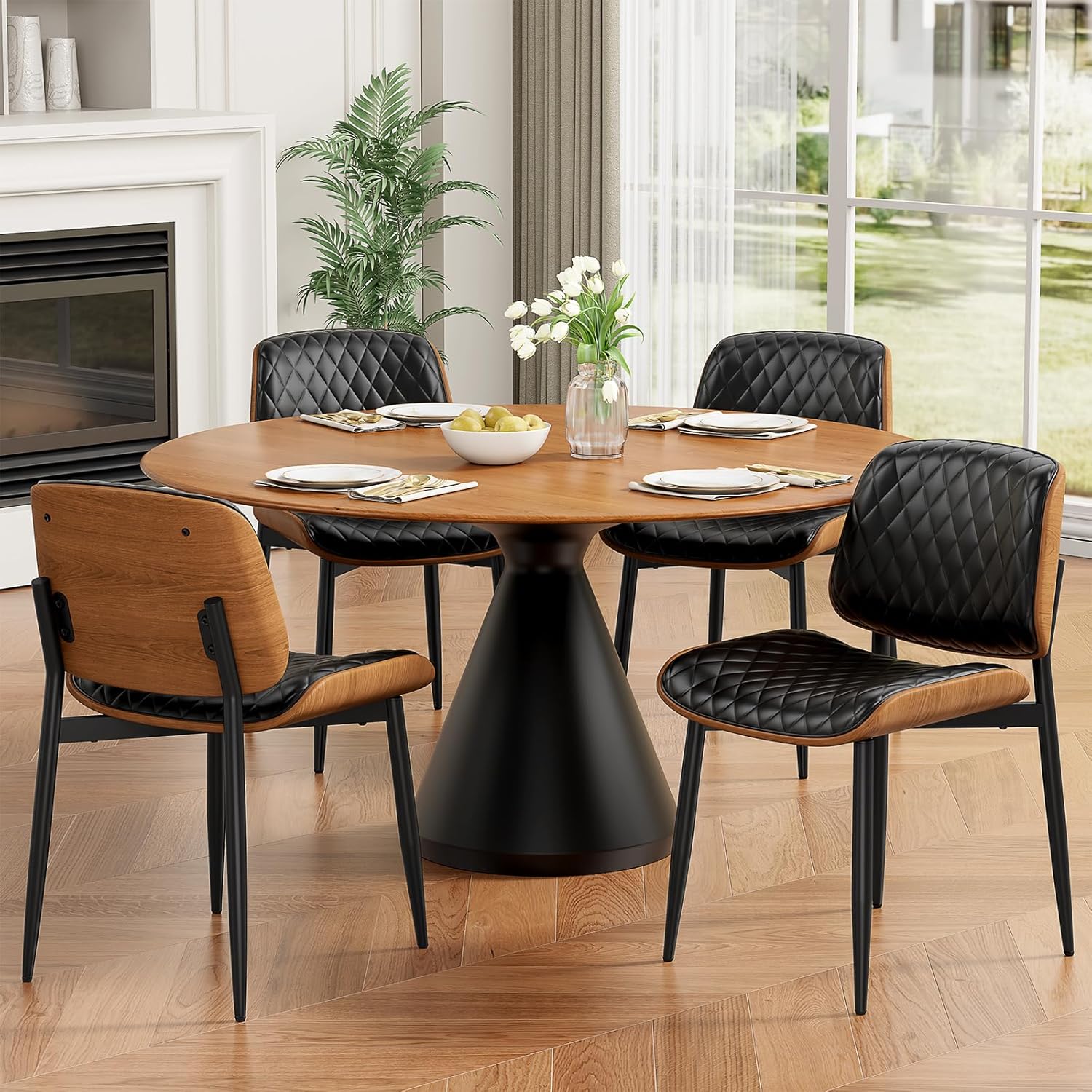 REONEY Dining Chairs Set of 2, Mid-Century Modern Upholstered PU Leather Chairs with Walnut Back and Metal Legs Adjustable Feet for Kitchen Dining Room, Black Diamond Plaid
