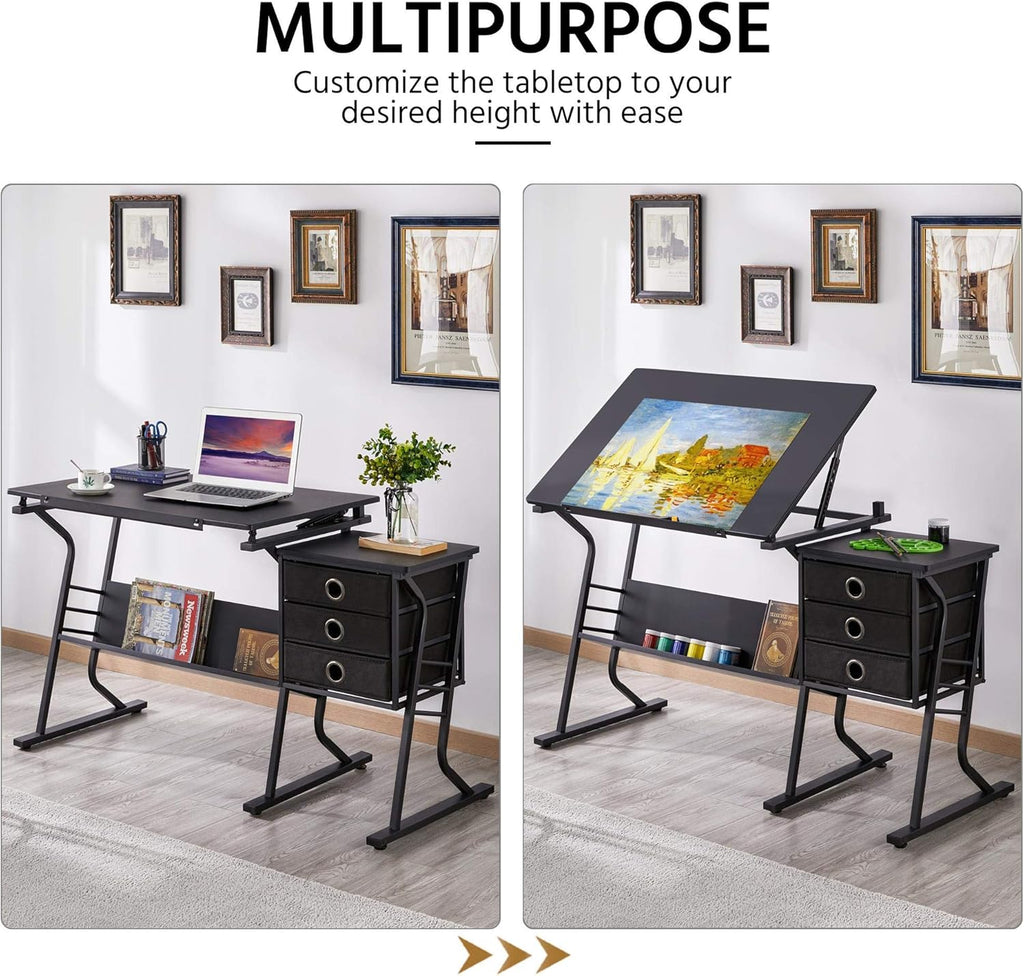 Topeakmart Height Adjustable Drafting Table Art Craft Desk Work Station Hobby Design Studio Tiltable Tabletop Drawing Desk with Stool & Storage Drawers
