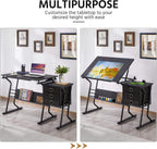 Topeakmart Height Adjustable Drafting Table Art Craft Desk Work Station Hobby Design Studio Tiltable Tabletop Drawing Desk with Stool & Storage Drawers