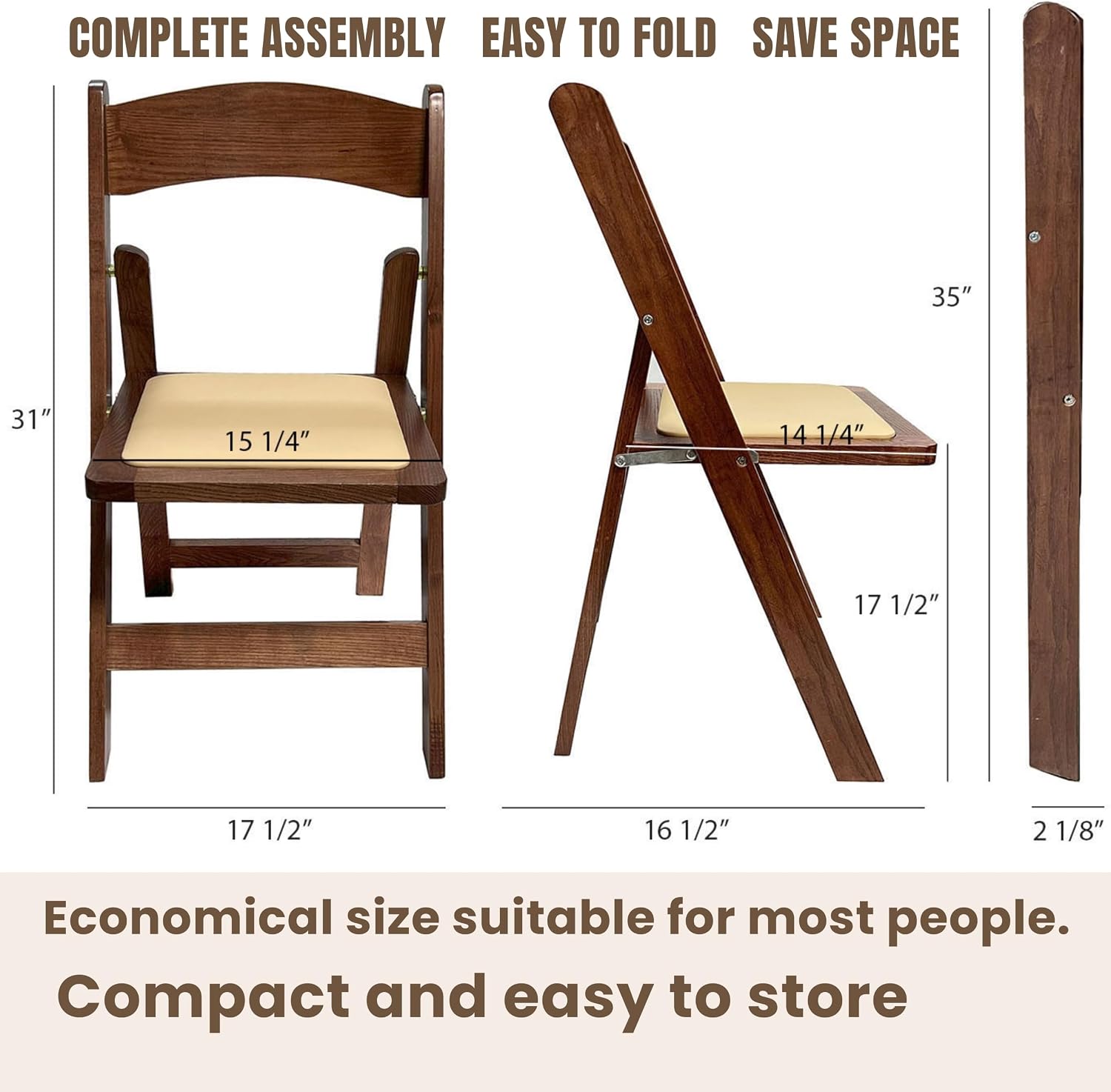 Wooden Folding Chairs with Cushion, Stackable Commercial Seats, Chairs for Weddings, Banquets, and Events, Set of 4, Classic Fruitwood