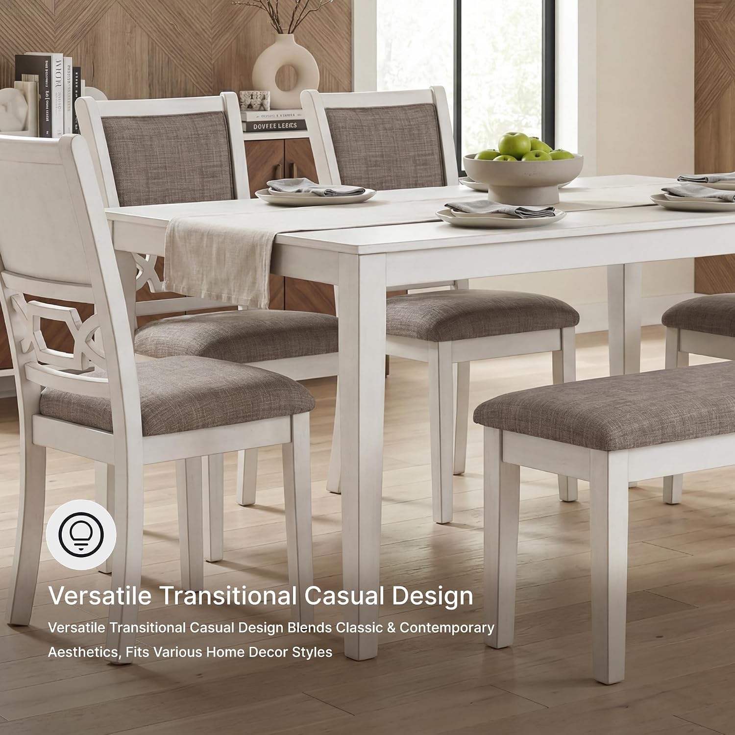 Signature Design by Ashley Erinberg Casual Dining Table with 4 Armless Upholstered Chairs and Bench, Set of 6, White & Light Gray