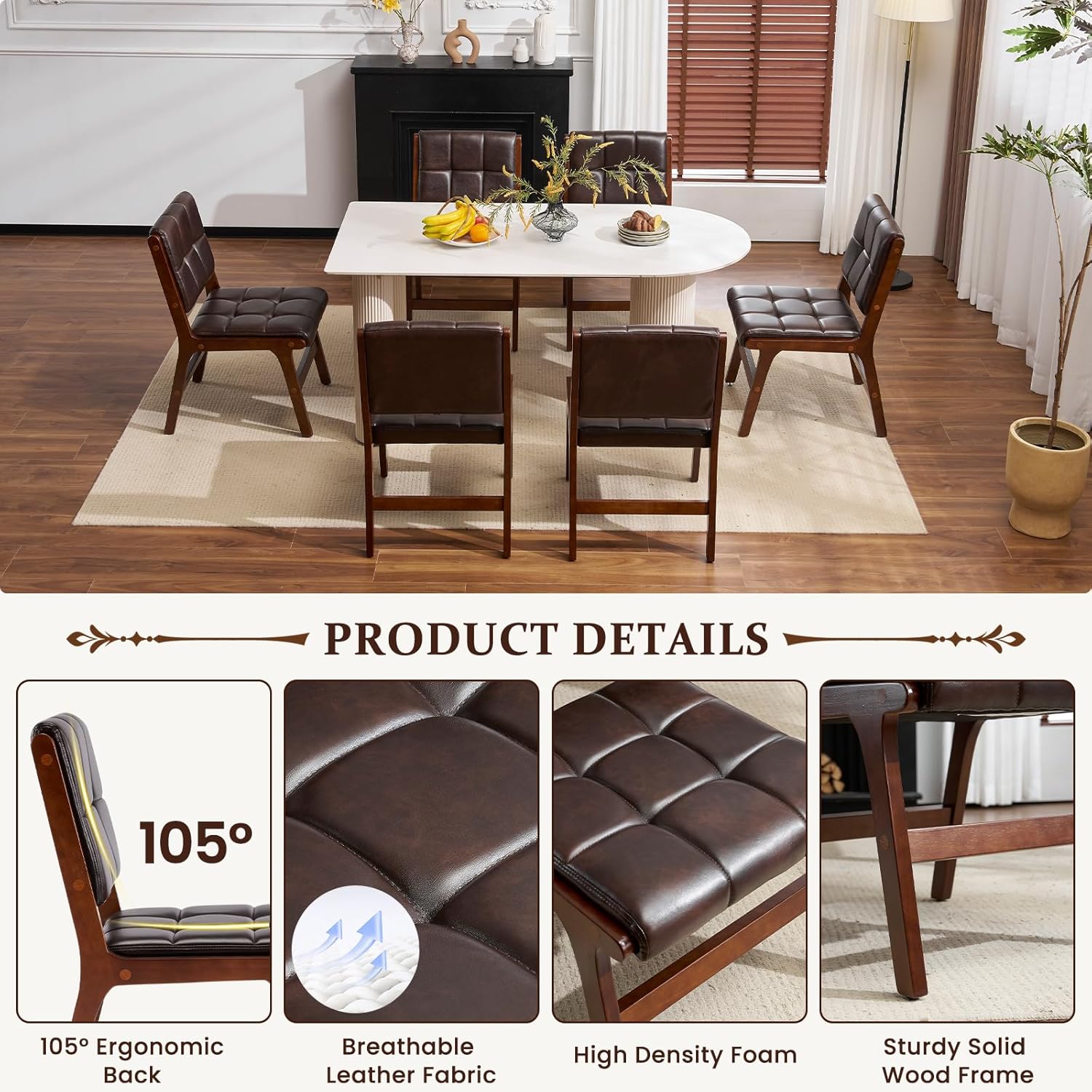 Furniliving Oak Wooden Dining Chairs Set of 2, Mid-Century Modern Leather Upholstered Kitchen Chair, Farmhouse Dining Room Chairs with Wide Seat, Brown