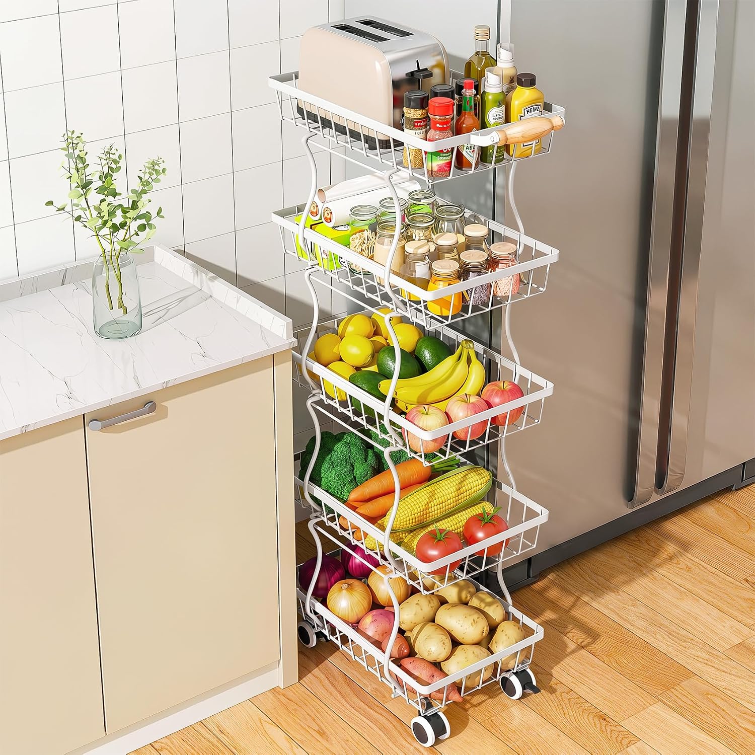 SAYZH Fruit Basket Kitchen Pantry Organizers and Storage - 5 Tier Stackable Metal Wire Basket Stand For Fruit Vegetable Snacks Jars Bins Containers Organization (White, 5 Tiers)