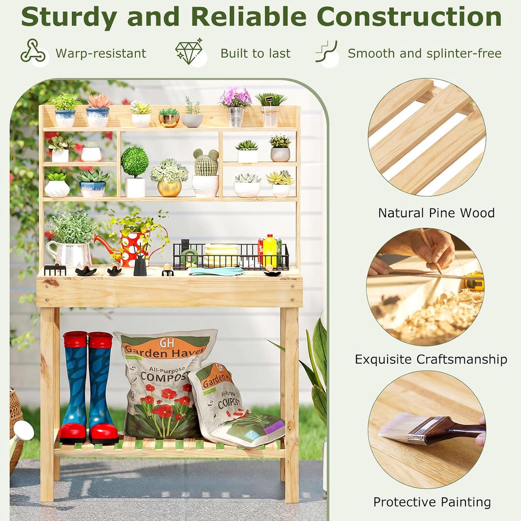 HAPPYGRILL Potting Bench Table, 60” Wood Garden Work Bench Workstation with Storage, Flip-Up Tabletop, Shelves & Hanging Hooks, Outdoor Garden Table for Patio, Lawn & Porch