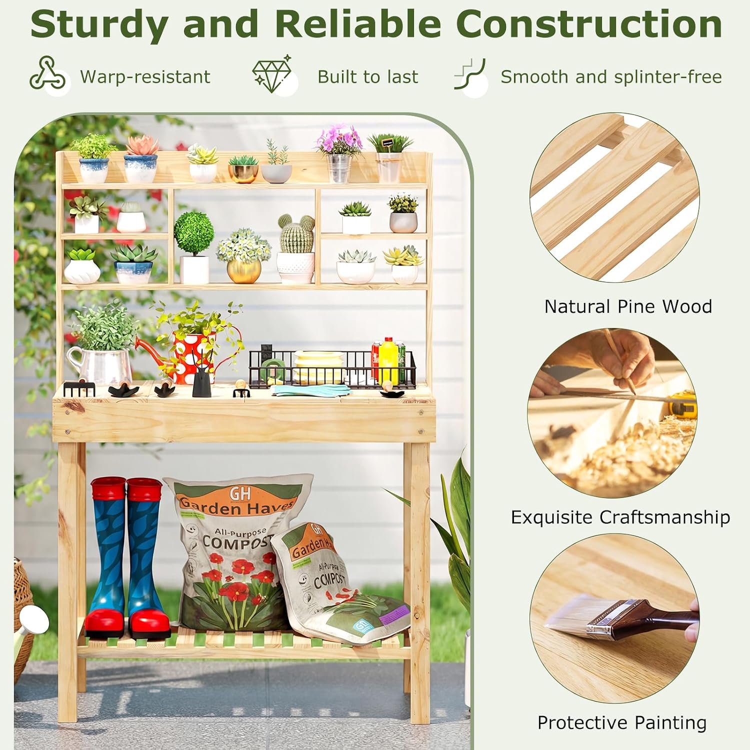 HAPPYGRILL Potting Bench Table, 60” Wood Garden Work Bench Workstation with Storage, Flip-Up Tabletop, Shelves & Hanging Hooks, Outdoor Garden Table for Patio, Lawn & Porch
