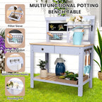 Potting Bench Outdoor Potting Table—Outdoor Kitchen for Kids, Solid Wood Garden Work Station with Sink、Drawer、Hooks、3Flower Pots, Weather Proof