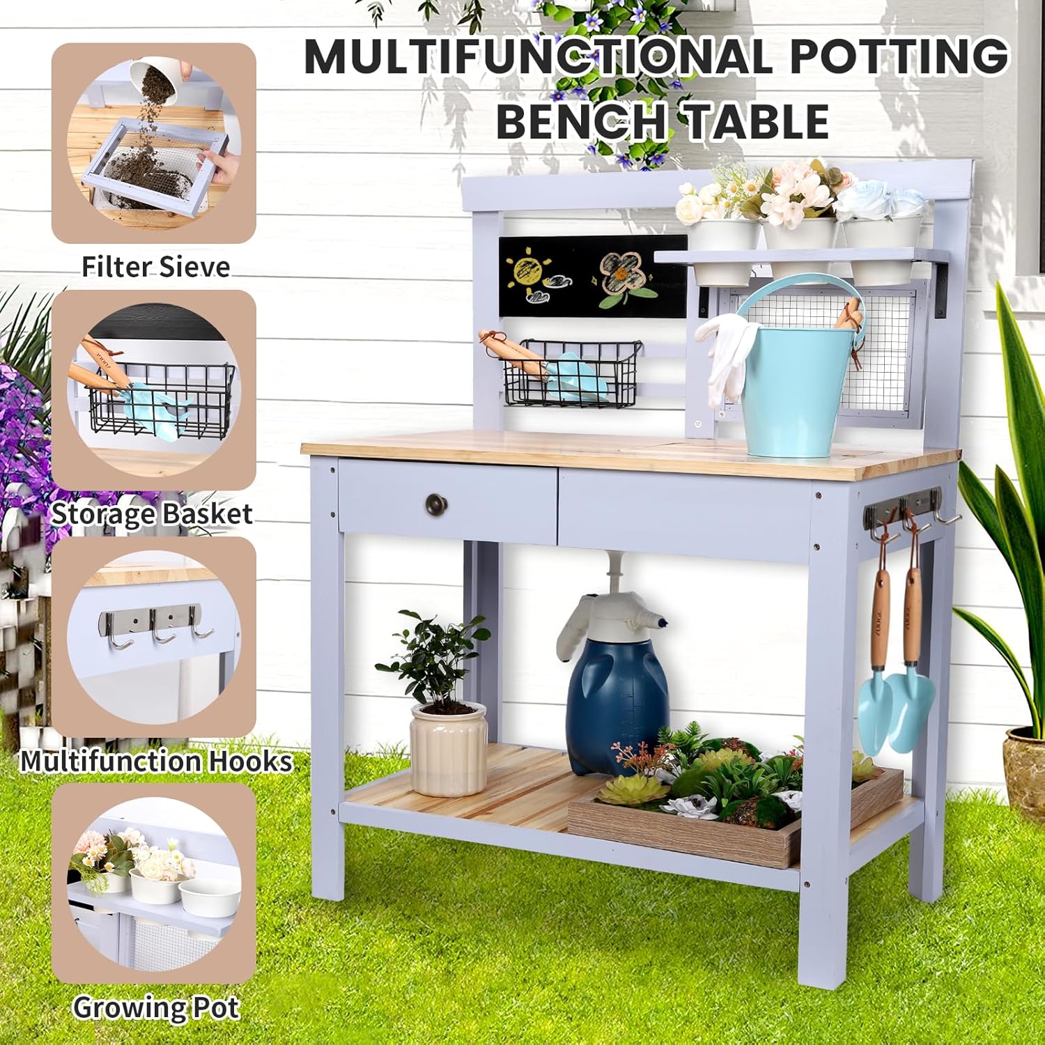 Potting Bench Outdoor Potting Table—Outdoor Kitchen for Kids, Solid Wood Garden Work Station with Sink、Drawer、Hooks、3Flower Pots, Weather Proof
