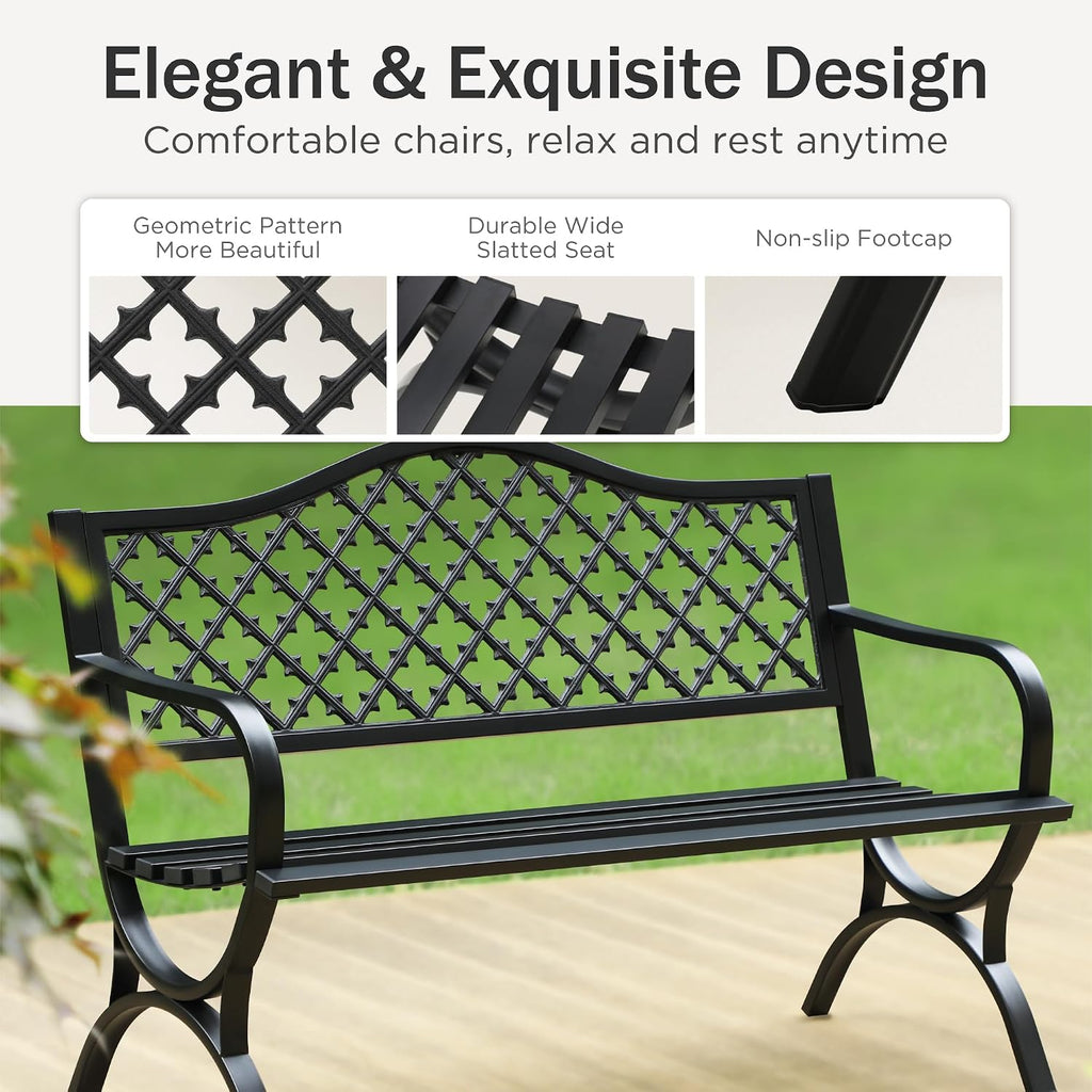 PHI VILLA Black Outdoor Garden Bench for Outdoors with Cast Iron Backrest and Sturdy Steel Frame 2-3 Seater Patio Bench for Porch Park and Yard