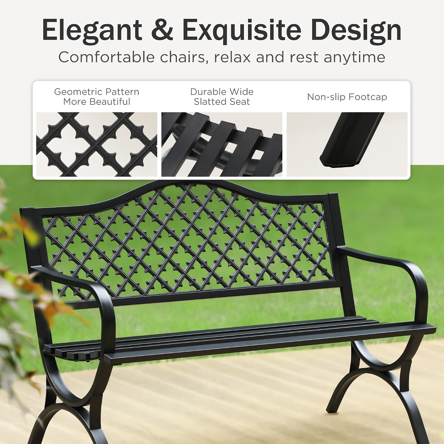 PHI VILLA Black Outdoor Garden Bench for Outdoors with Cast Iron Backrest and Sturdy Steel Frame 2-3 Seater Patio Bench for Porch Park and Yard