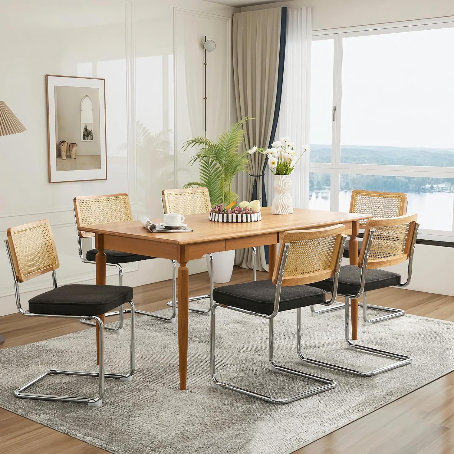 Rattan Back Linen Dining Chair Set of 6 Modern Stainless Chrome Base Armless Upholstered Side Chair for Dining Room, Kitchen Island,Black
