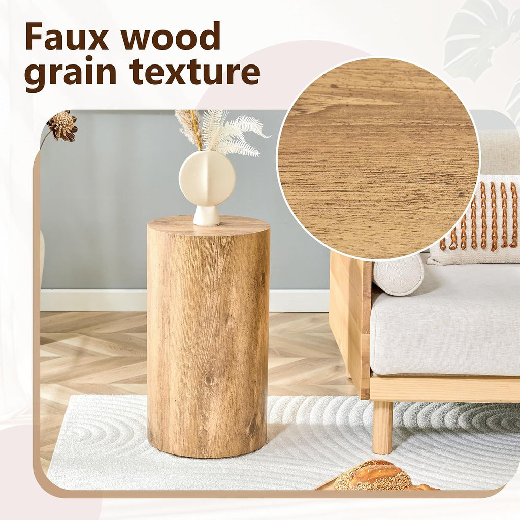 21.6''H Boho Cylinder Side Table for Living Room, Natural Wood Accent Tables with Tribal Pattern Design, Farmhouse Drum End Table for Couch Bedroom, Bedside Nightstand, No Assembly