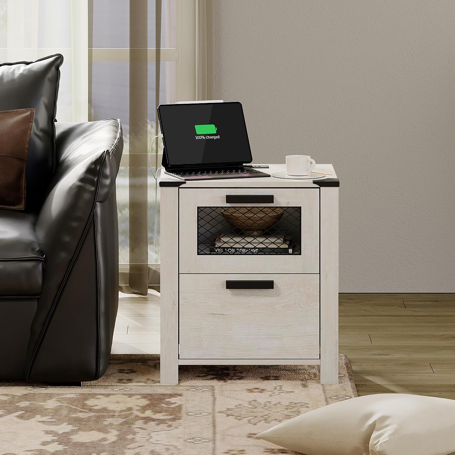 WAMPAT Farmhouse Nightstand with Drawer Stroage, Sofa Side Bedside Table in Bedroom and Living Room, Vintage White