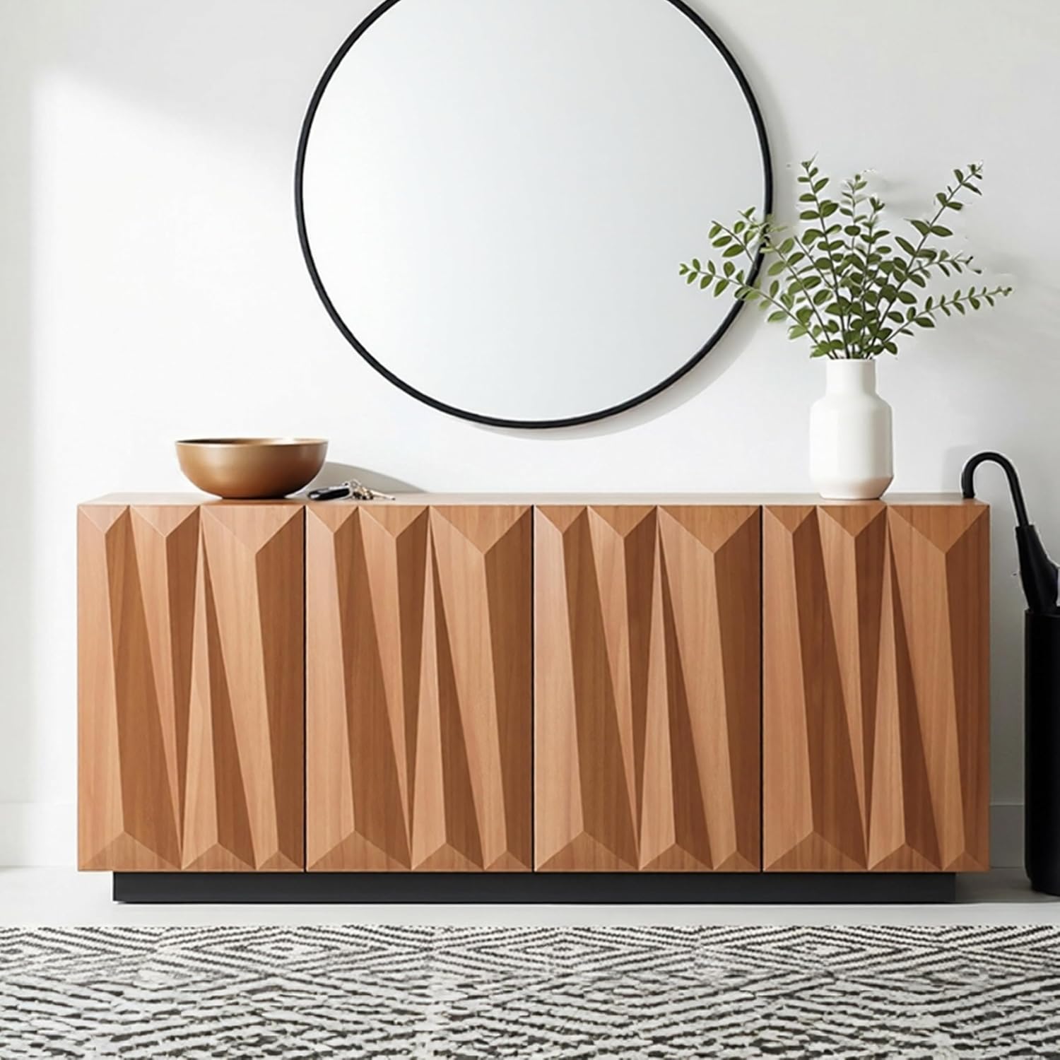 60" Contemporary Geometric Sideboard Buffet with 3D Triangular Doors & Floating Base, Light Walnut Credenza Storage Cabinet for Living Room Kitchen Entryway