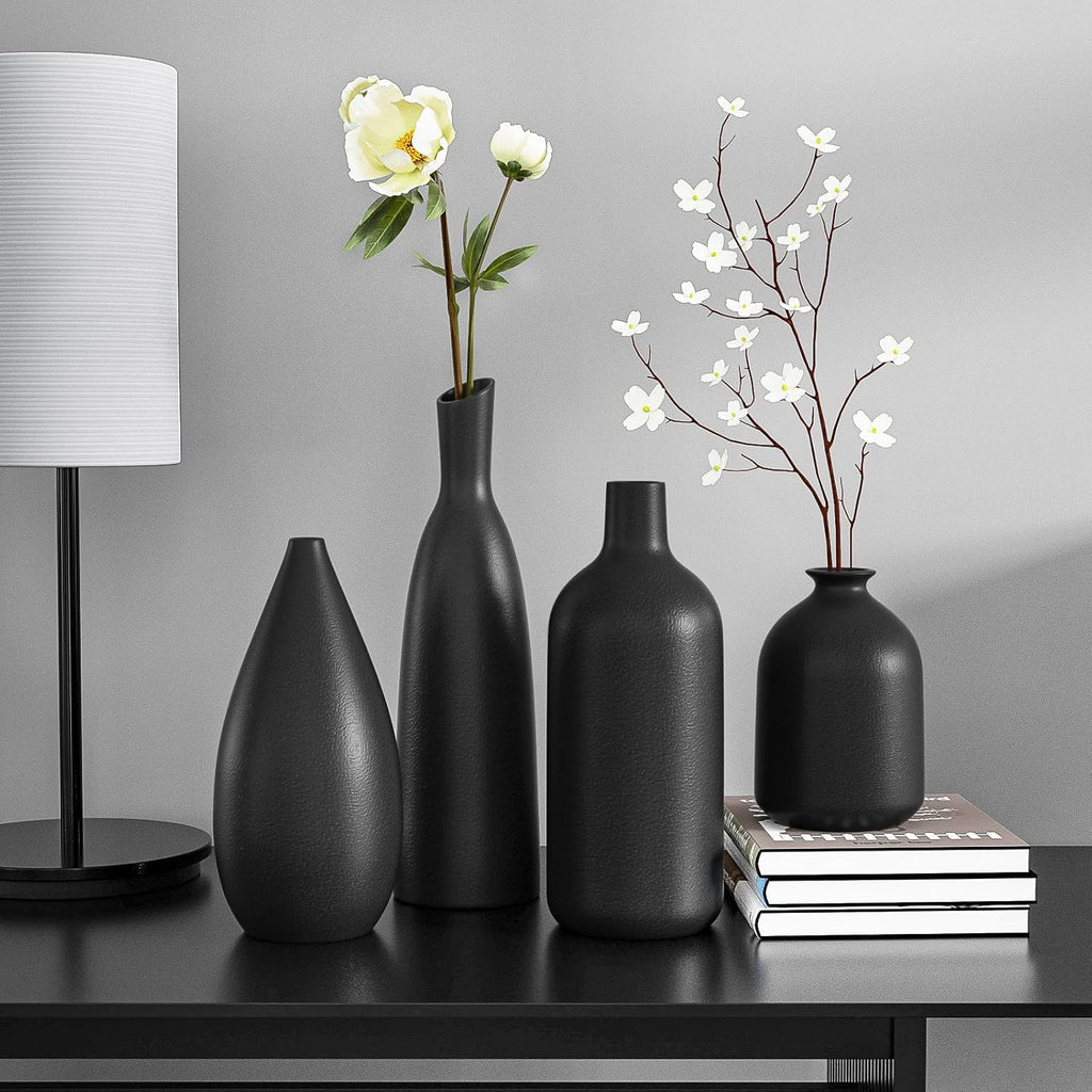 Black Ceramic Vase Set of 4,Modern Minimalist Vase Decor for Bookshelf,Dining Room Coffee Console Table Centerpieces