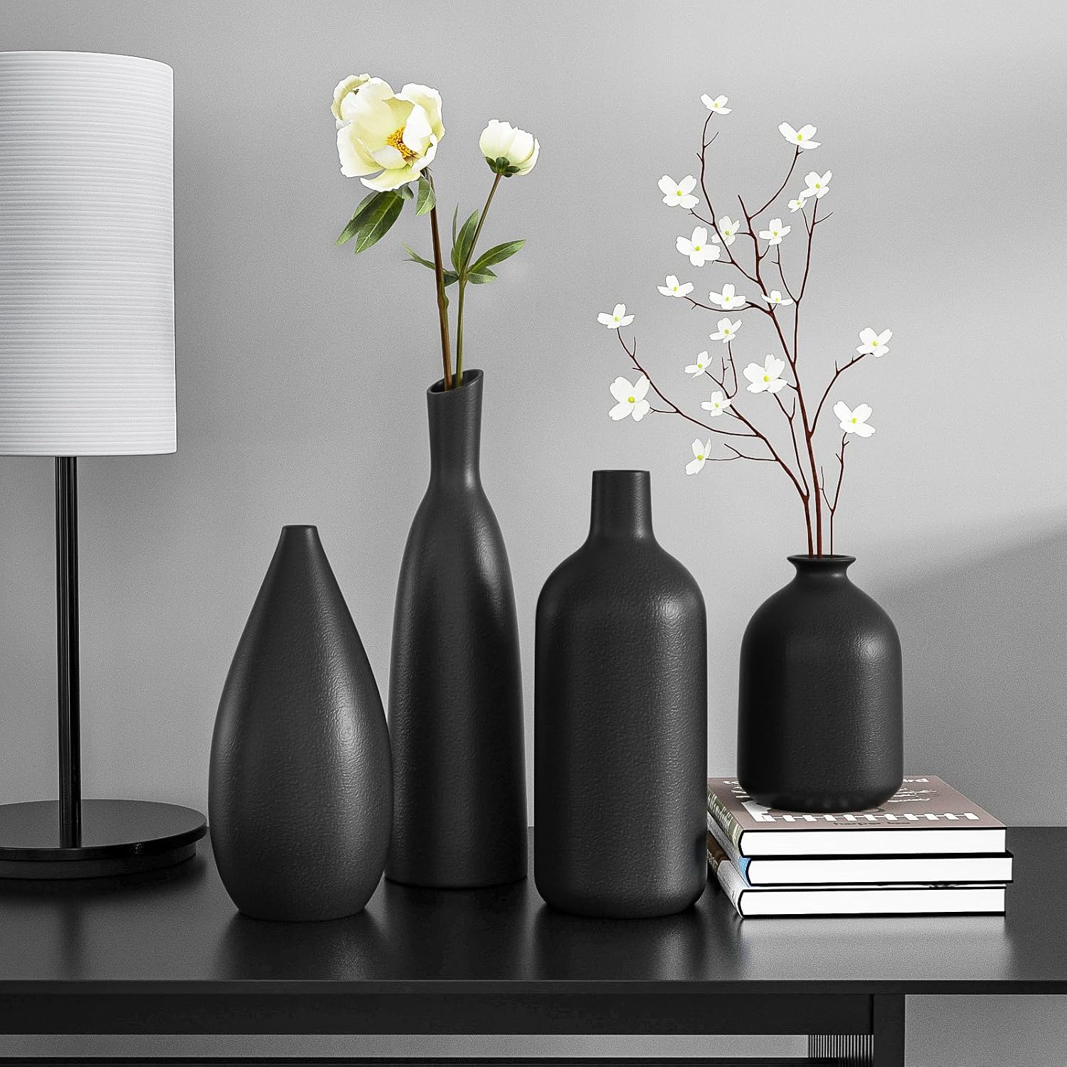 Black Ceramic Vase Set of 4,Modern Minimalist Vase Decor for Bookshelf,Dining Room Coffee Console Table Centerpieces