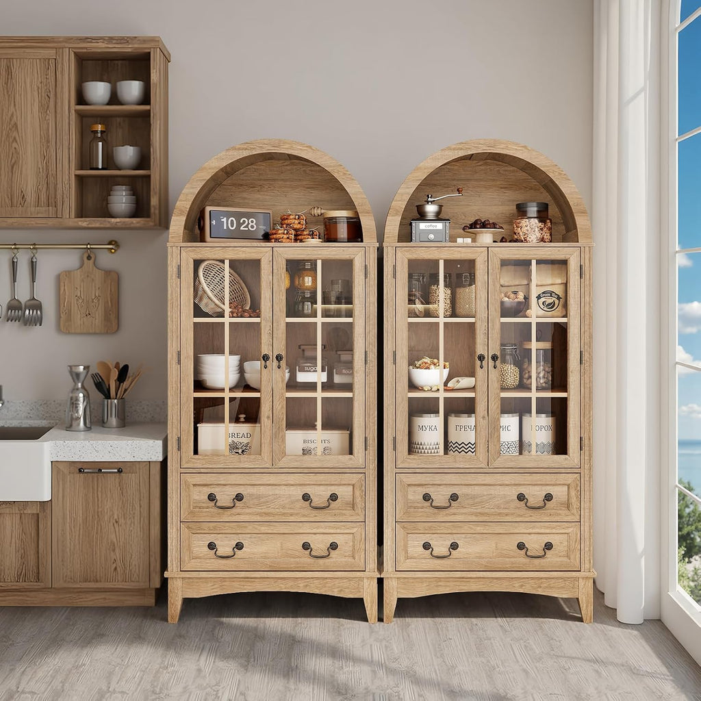 RALGEND 71'' Tall Arched Pantry Cabinet, Farmhouse Kitchen Pantry Cabinet with Glass Doors, Adjustable Shelves and 2 Large Drawers, Versatile Cupboard for Kitchen, Dining Room, Natural
