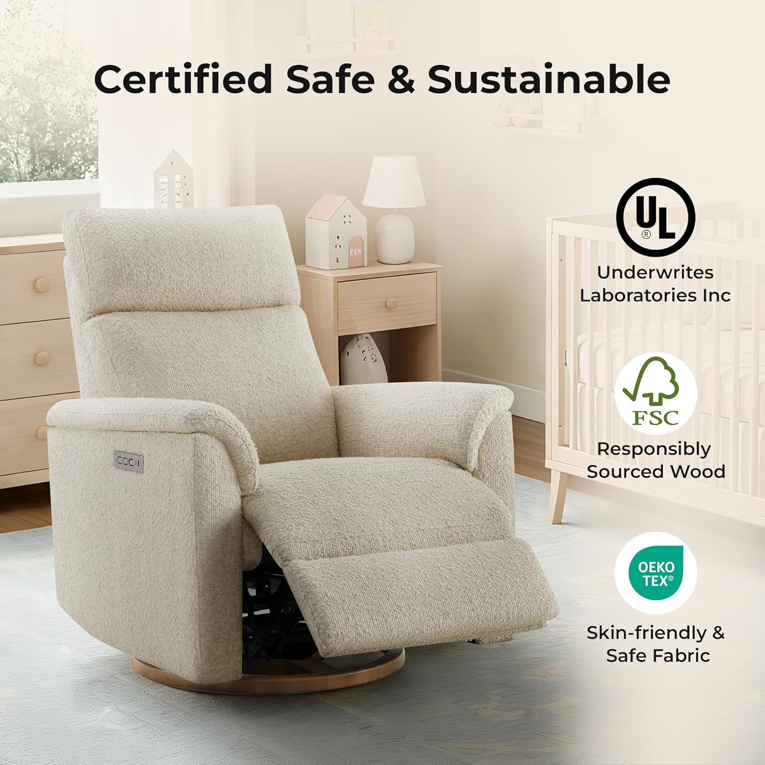 CHITA Power Swivel Glider for Adults with Nightlight, Nursery Recliner Chair with Power Headrest for Living Room, Bedroom, Water-Resistant Boucle Fabric in Sand